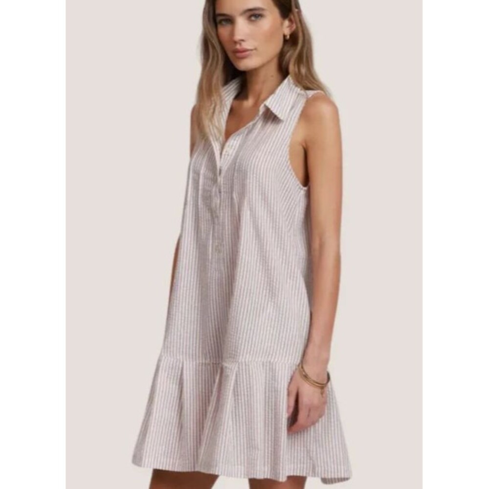 SUNDANCE Dylan Romper Dress Tan & White Stripe Button Sleeveless Collar Large